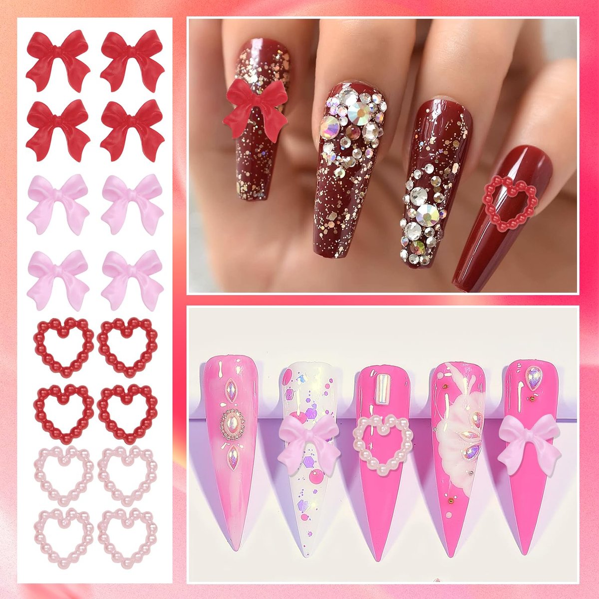 3D Gold Heart Nail Charms & Gems - Gold Bow Alloy Dangle, Red Heart Rhinestones, Y2K Nail Jewelry Pearls for Nail Art - görsel 11