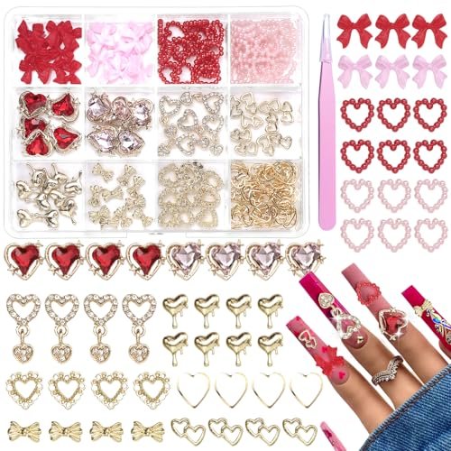 3D Gold Heart Nail Charms & Gems - Gold Bow Alloy Dangle, Red Heart Rhinestones, Y2K Nail Jewelry Pearls for Nail Art - görsel 2