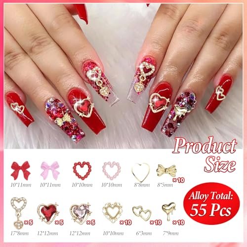 3D Gold Heart Nail Charms & Gems - Gold Bow Alloy Dangle, Red Heart Rhinestones, Y2K Nail Jewelry Pearls for Nail Art - görsel 4