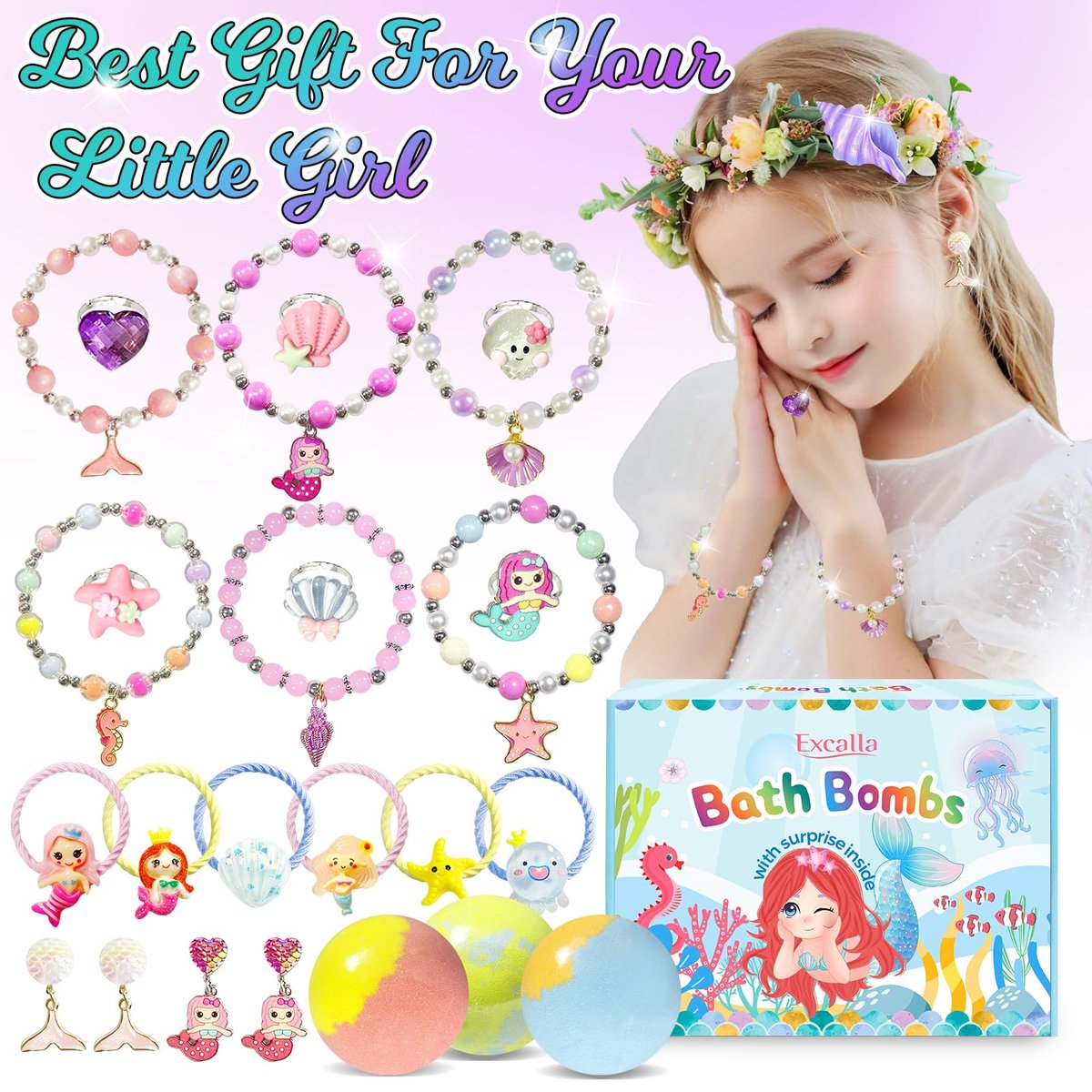 20 Princess Bath Bombs with Surprise Jewelry Toys Inside - Fun Fizzy Gifts for Girls, Kids Birthday, Valentines, Easter by Excalla Avelisse