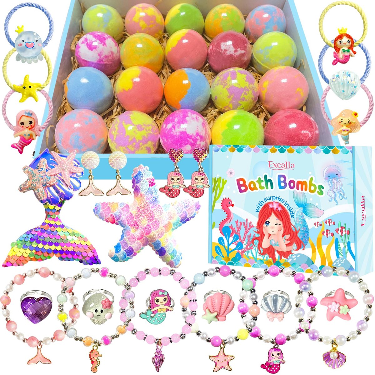 20 Princess Bath Bombs with Surprise Jewelry Toys Inside - Fun Fizzy Gifts for Girls, Kids Birthday, Valentines, Easter by Excalla Avelisse