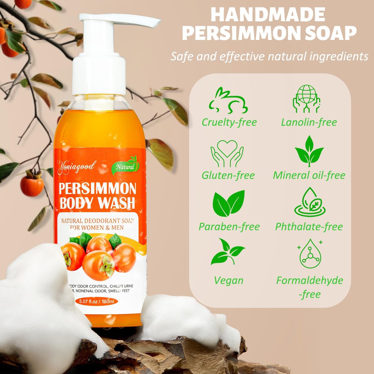 yoniagood 2 PCS Persimmon Body Wash for Strong Odor Control, Natural Persimmon Soap Bar Old People Smell Remover, Smelly Feet Deodorant Body Odor Eliminator, Body Wash Gel for Women & Men - görsel 15