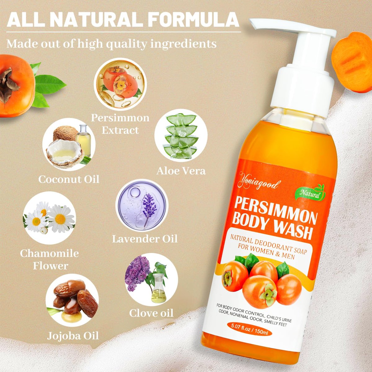 yoniagood 2 PCS Persimmon Body Wash for Strong Odor Control, Natural Persimmon Soap Bar Old People Smell Remover, Smelly Feet Deodorant Body Odor Eliminator, Body Wash Gel for Women & Men - görsel 3