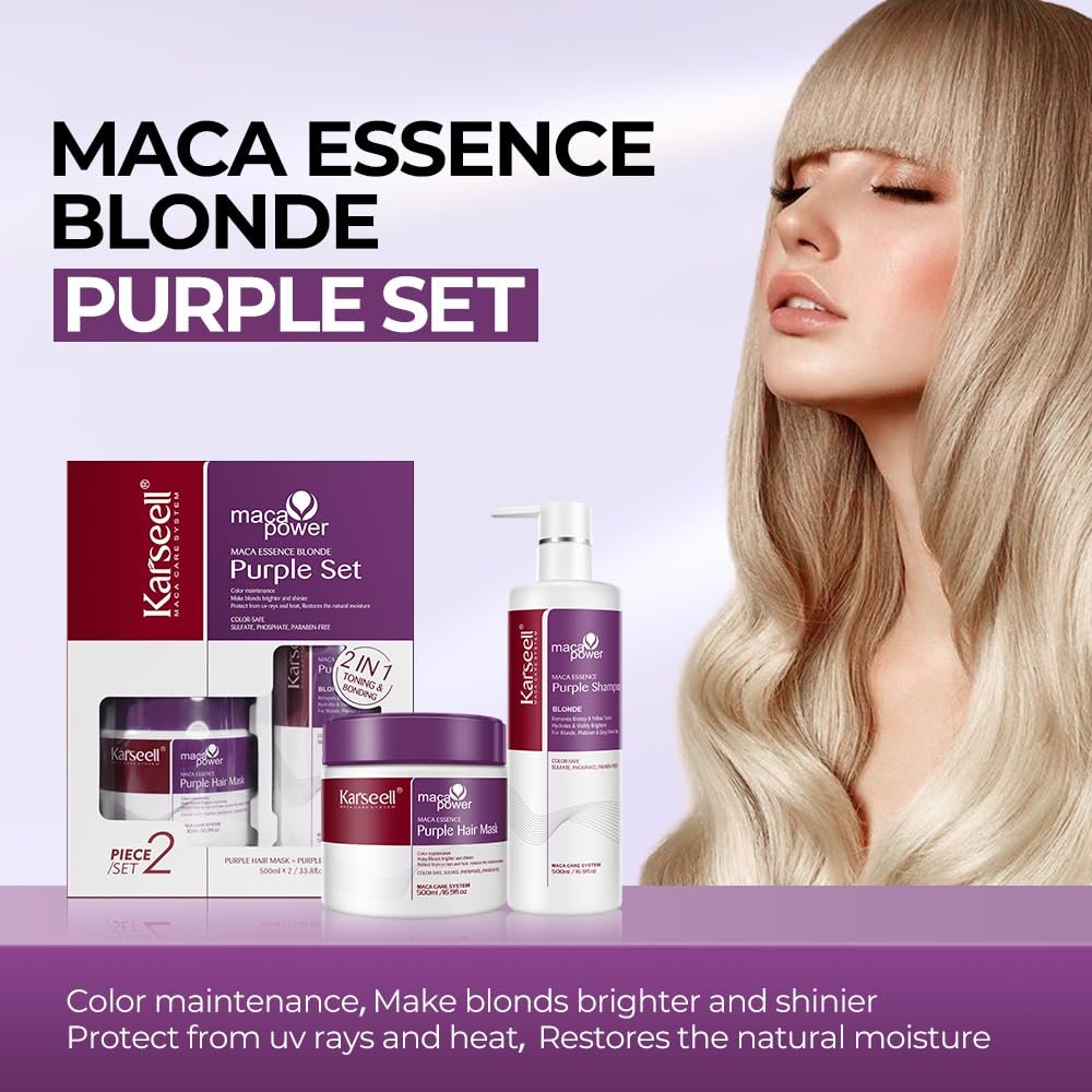 Karseell Maca Power Purple Hair Mask & Shampoo Set - Neutralizes Brass & Yellow Tones for Blonde, Gray, Silver, and Color-Treated Hair (2 x 16.9 fl oz) Avelisse