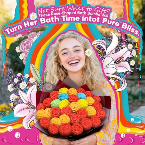 30 Rose-Shaped Bath Bombs – Handmade with Natural Ingredients, 6 Calming Scents – Relaxing Spa Gifts for Women, Men, Teens & Kids Avelisse