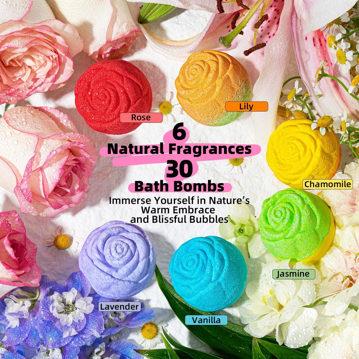 30 Rose-Shaped Bath Bombs – Handmade with Natural Ingredients, 6 Calming Scents – Relaxing Spa Gifts for Women, Men, Teens & Kids Avelisse