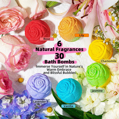 30 Rose-Shaped Bath Bombs – Handmade with Natural Ingredients, 6 Calming Scents – Relaxing Spa Gifts for Women, Men, Teens & Kids Avelisse