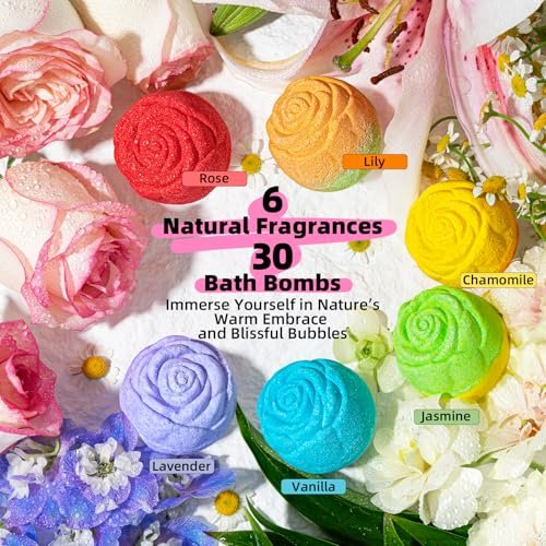30 Rose-Shaped Bath Bombs – Handmade with Natural Ingredients, 6 Calming Scents – Relaxing Spa Gifts for Women, Men, Teens & Kids Avelisse