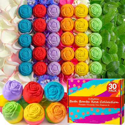 30 Rose-Shaped Bath Bombs – Handmade with Natural Ingredients, 6 Calming Scents – Relaxing Spa Gifts for Women, Men, Teens & Kids Avelisse