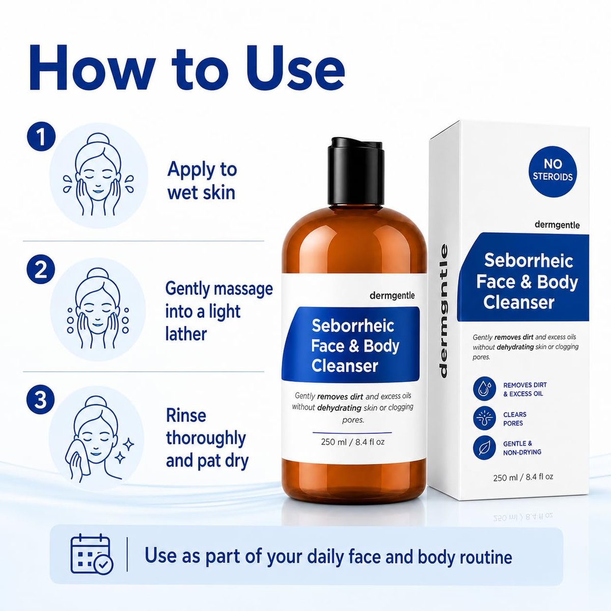 Dermgentle Seborrheic Face & Body Cleanser - Hydrating Face Wash for Seborrheic Dermatitis, Oil-Free, Soap-Free, 8 fl. oz Avelisse