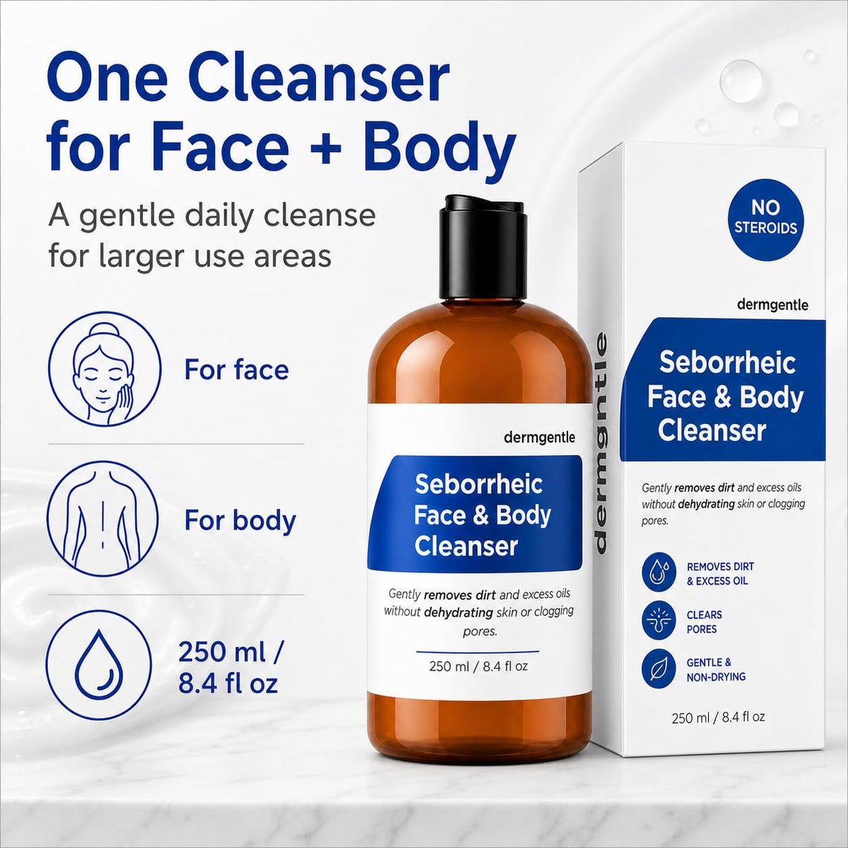 Dermgentle Seborrheic Face & Body Cleanser - Hydrating Face Wash for Seborrheic Dermatitis, Oil-Free, Soap-Free, 8 fl. oz Avelisse