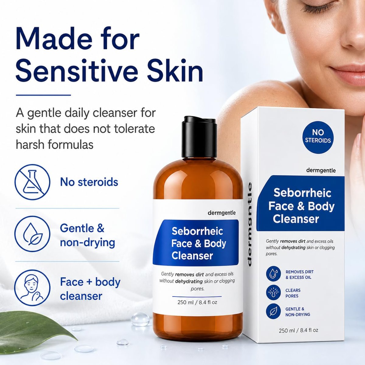 Dermgentle Seborrheic Face & Body Cleanser - Hydrating Face Wash for Seborrheic Dermatitis, Oil-Free, Soap-Free, 8 fl. oz Avelisse