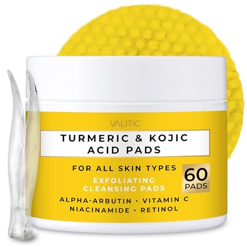 VALITIC Turmeric Kojic Acid Cleansing Pads - Exfoliating Dark Spot Remover for Face with Vitamin C, Alpha Arbutin, Niacinamide and Retinol - 60 Count Avelisse