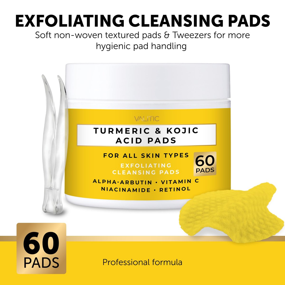 VALITIC Turmeric Kojic Acid Cleansing Pads - Exfoliating Dark Spot Remover for Face with Vitamin C, Alpha Arbutin, Niacinamide and Retinol - 60 Count Avelisse