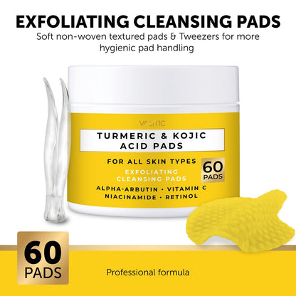 VALITIC Turmeric Kojic Acid Cleansing Pads - Exfoliating Dark Spot Remover for Face with Vitamin C, Alpha Arbutin, Niacinamide and Retinol - 60 Count Avelisse