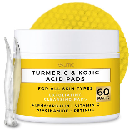 VALITIC Turmeric Kojic Acid Cleansing Pads - Exfoliating Dark Spot Remover for Face with Vitamin C, Alpha Arbutin, Niacinamide and Retinol - 60 Count Avelisse