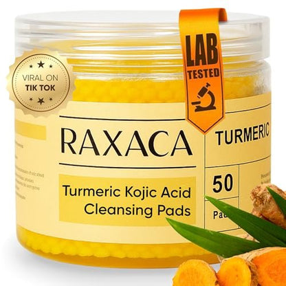 Kojic Acid Turmeric Exfoliating Cleansing Pads with Vitamin C – Dark Spot Remover & Deep Pore Cleanser, 50 Cotton Pads