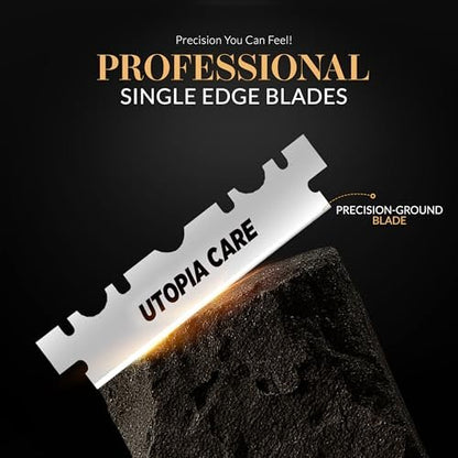 Utopia Care Single Edge Razor Blades – Stainless Steel Professional Barber Razor Blades for Hair Shaping, Shaving, Beard & Neckline Grooming (100 Pack)