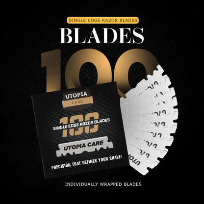 Utopia Care Single Edge Razor Blades – Stainless Steel Professional Barber Razor Blades for Hair Shaping, Shaving, Beard & Neckline Grooming (100 Pack)
