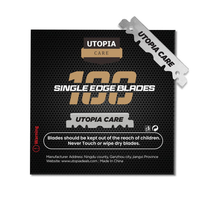 Utopia Care Single Edge Razor Blades – Stainless Steel Professional Barber Razor Blades for Hair Shaping, Shaving, Beard & Neckline Grooming (100 Pack)