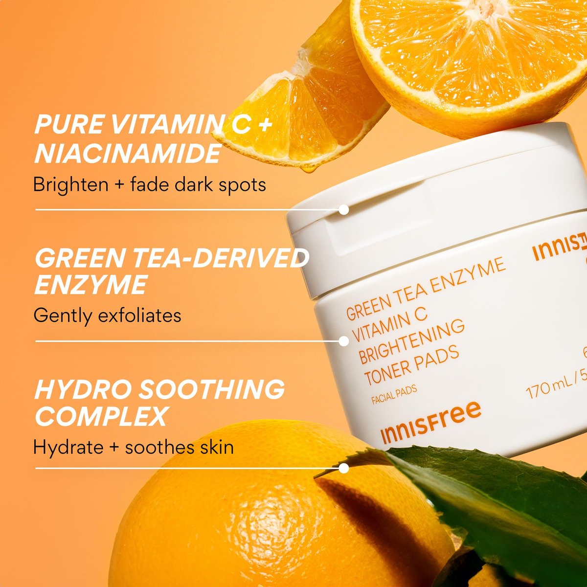 innisfree Green Tea Enzyme Vitamin C Toner Pads – Korean Brightening Face Pads for Dark Spots, Radiance & Even Skin Tone Avelisse