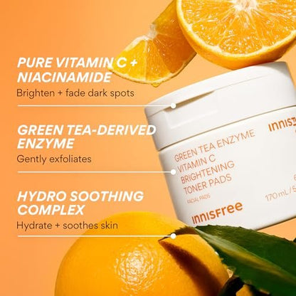 innisfree Green Tea Enzyme Vitamin C Toner Pads – Korean Brightening Face Pads for Dark Spots, Radiance & Even Skin Tone Avelisse