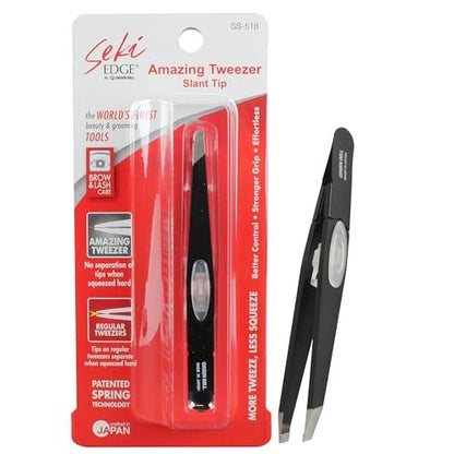 SEKI EDGE SS-518 Amazing Tweezer - Slant Tip with Tension Stopper - Stainless Steel - Black - Crafted with Patented Spring Technology for Precision and Flawless Eyebrow and Hair Removal - Made in Japan Avelisse