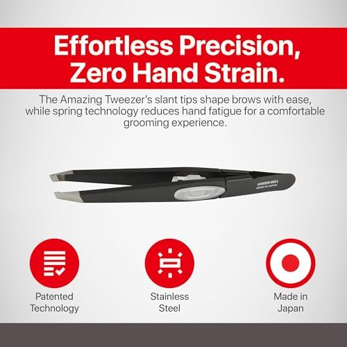 SEKI EDGE SS-518 Amazing Tweezer - Slant Tip with Tension Stopper - Stainless Steel - Black - Crafted with Patented Spring Technology for Precision and Flawless Eyebrow and Hair Removal - Made in Japan Avelisse