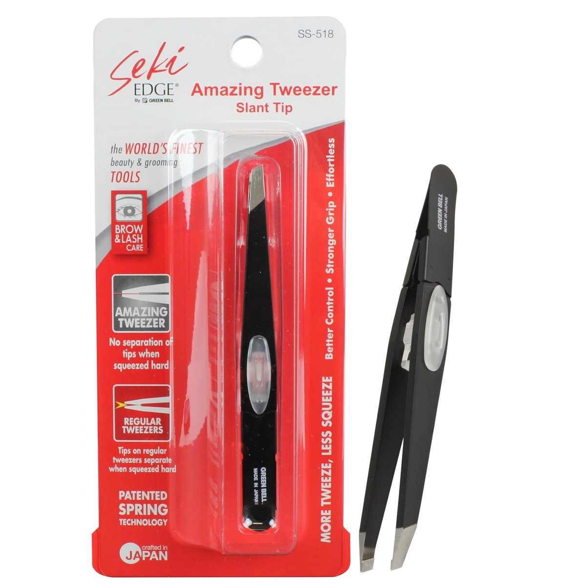 SEKI EDGE SS-518 Amazing Tweezer - Slant Tip with Tension Stopper - Stainless Steel - Black - Crafted with Patented Spring Technology for Precision and Flawless Eyebrow and Hair Removal - Made in Japan Avelisse