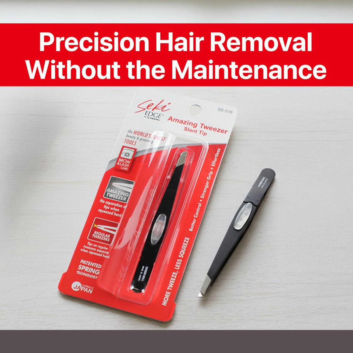 SEKI EDGE SS-518 Amazing Tweezer - Slant Tip with Tension Stopper - Stainless Steel - Black - Crafted with Patented Spring Technology for Precision and Flawless Eyebrow and Hair Removal - Made in Japan Avelisse