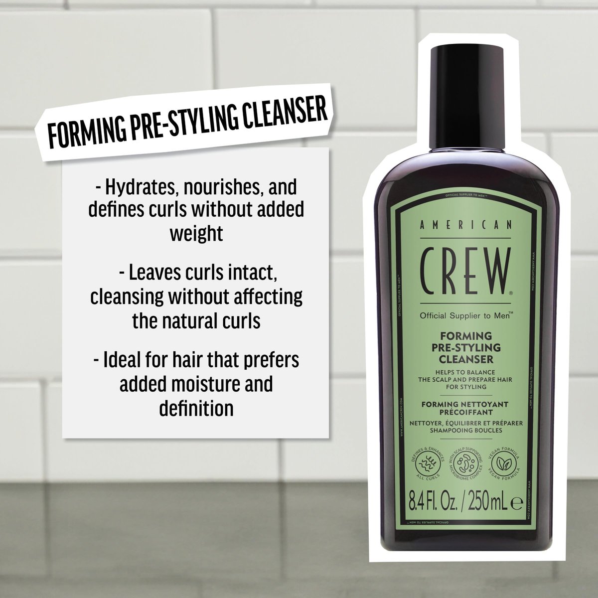 AMERICAN CREW Men's Pre-Styler Forming Shampoo for Textured & Curly Hair, Anti-Frizz & Curl Defining, With Jojoba Oil, Vegan, 8.5 fl oz Avelisse