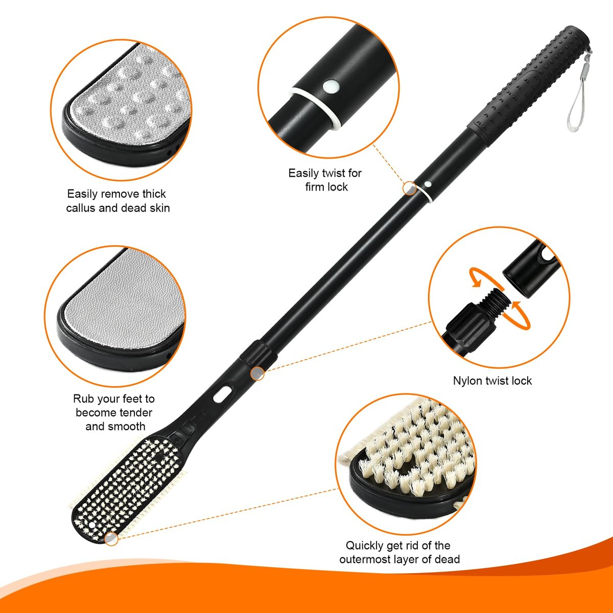 Gobiteli Telescopic Long Handle Foot Brush – 18.8"-25.9" Adjustable Toe Cleaning Brush & Foot File for Hard Skin Removal – Ideal for Seniors, Men, and Women Avelisse