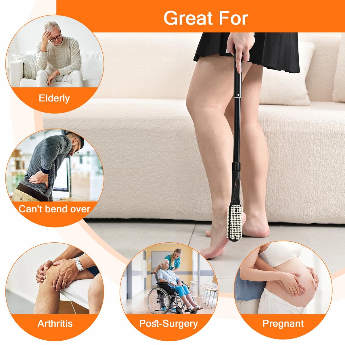 Gobiteli Telescopic Long Handle Foot Brush – 18.8"-25.9" Adjustable Toe Cleaning Brush & Foot File for Hard Skin Removal – Ideal for Seniors, Men, and Women Avelisse