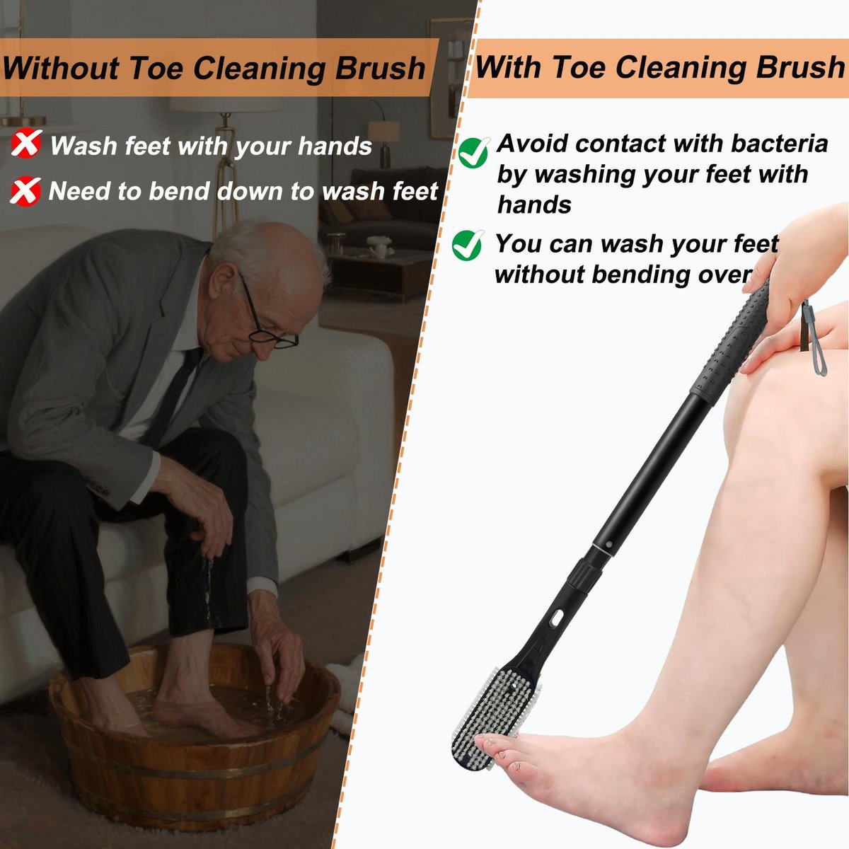 Gobiteli Telescopic Long Handle Foot Brush – 18.8"-25.9" Adjustable Toe Cleaning Brush & Foot File for Hard Skin Removal – Ideal for Seniors, Men, and Women Avelisse