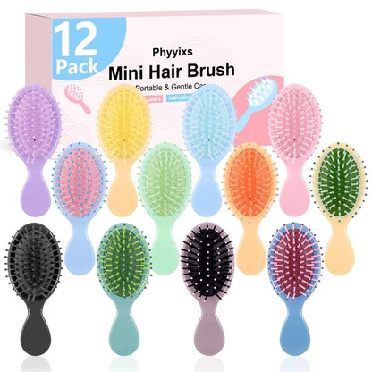 Phyyixs 12 Pack Mini Detangling Brushes - 12 Colors for Wet & Dry Hair, Compact Travel Hairbrush for Teens & Adults, Perfect for Bridesmaid Gifts, Party Favors & Stocking Stuffers