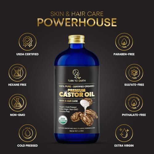 Organic Castor Oil - Cold Pressed, USDA Certified, Hexane Free, Glass Bottle, 16.9 oz with Pump for Hair Growth, Skin, Eyebrows, Lashes & Fuller Hair (Made in USA) Avelisse