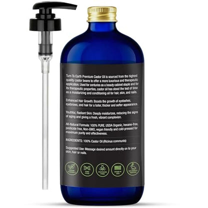 Organic Castor Oil - Cold Pressed, USDA Certified, Hexane Free, Glass Bottle, 16.9 oz with Pump for Hair Growth, Skin, Eyebrows, Lashes & Fuller Hair (Made in USA) Avelisse