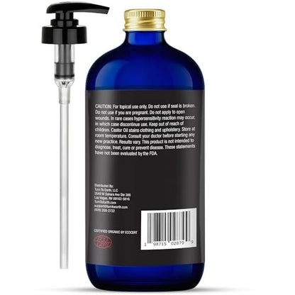 Organic Castor Oil - Cold Pressed, USDA Certified, Hexane Free, Glass Bottle, 16.9 oz with Pump for Hair Growth, Skin, Eyebrows, Lashes & Fuller Hair (Made in USA) Avelisse