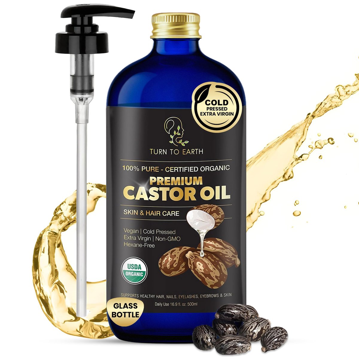 Organic Castor Oil - Cold Pressed, USDA Certified, Hexane Free, Glass Bottle, 16.9 oz with Pump for Hair Growth, Skin, Eyebrows, Lashes & Fuller Hair (Made in USA) Avelisse