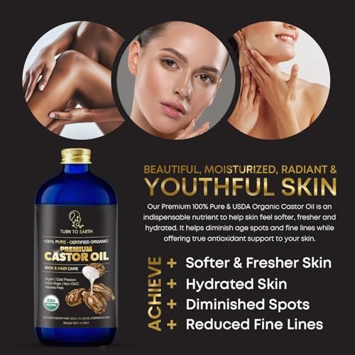 Organic Castor Oil - Cold Pressed, USDA Certified, Hexane Free, Glass Bottle, 16.9 oz with Pump for Hair Growth, Skin, Eyebrows, Lashes & Fuller Hair (Made in USA) Avelisse