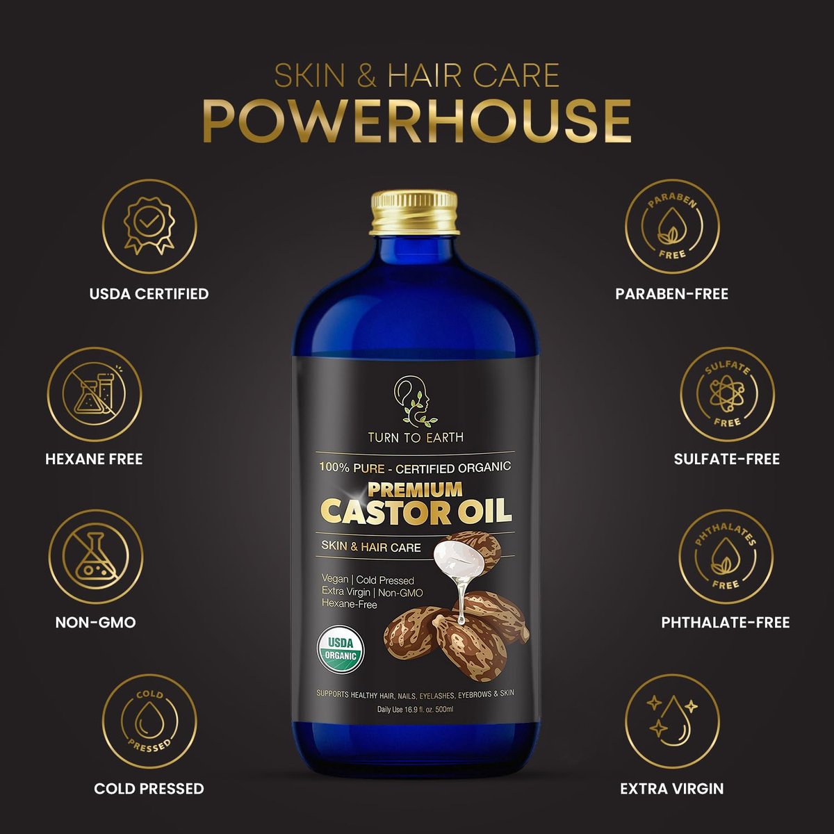 Organic Castor Oil - Cold Pressed, USDA Certified, Hexane Free, Glass Bottle, 16.9 oz with Pump for Hair Growth, Skin, Eyebrows, Lashes & Fuller Hair (Made in USA) Avelisse