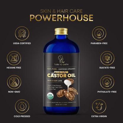 Organic Castor Oil - Cold Pressed, USDA Certified, Hexane Free, Glass Bottle, 16.9 oz with Pump for Hair Growth, Skin, Eyebrows, Lashes & Fuller Hair (Made in USA) Avelisse