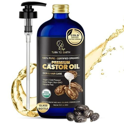 Organic Castor Oil - Cold Pressed, USDA Certified, Hexane Free, Glass Bottle, 16.9 oz with Pump for Hair Growth, Skin, Eyebrows, Lashes & Fuller Hair (Made in USA) Avelisse