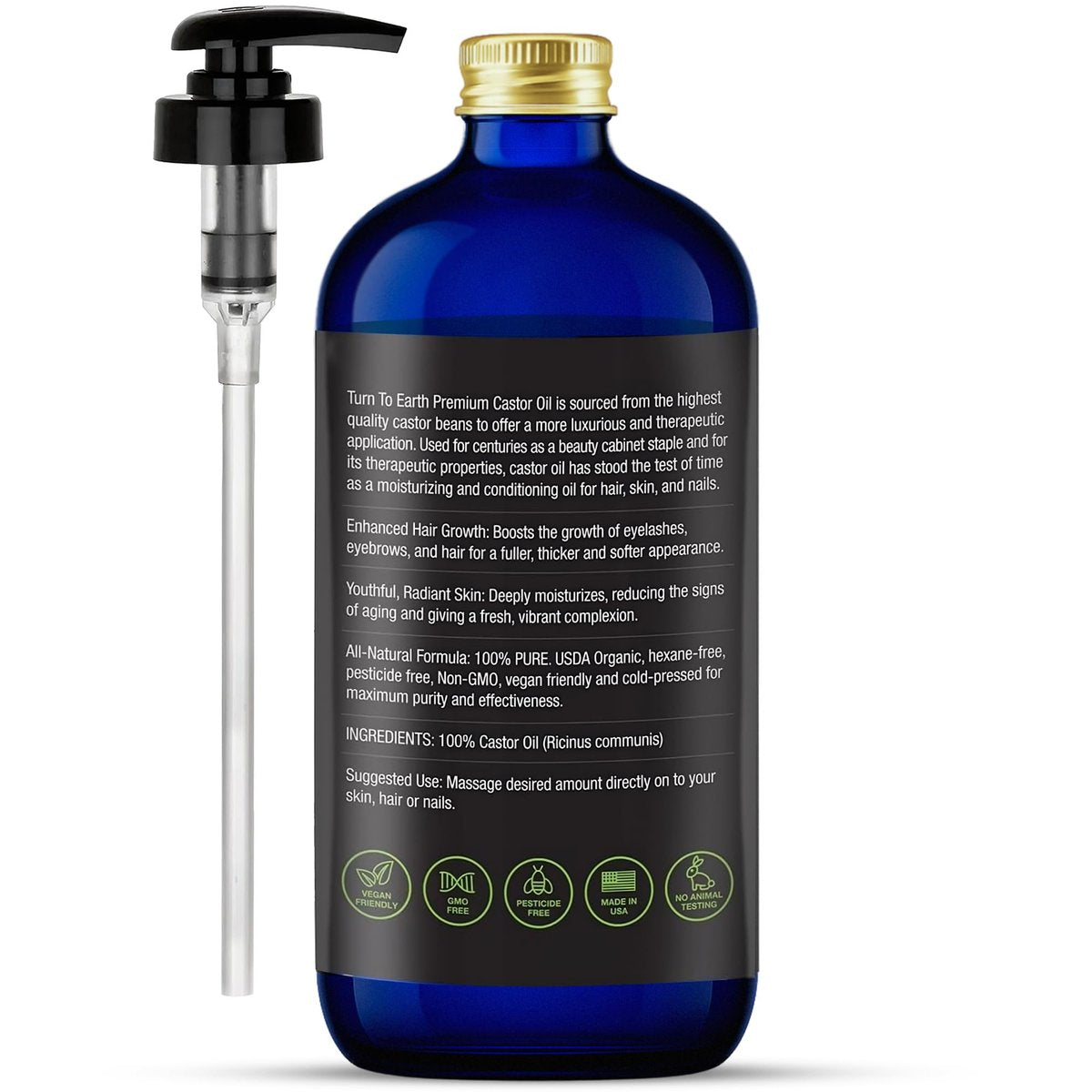 Organic Castor Oil - Cold Pressed, USDA Certified, Hexane Free, Glass Bottle, 16.9 oz with Pump for Hair Growth, Skin, Eyebrows, Lashes & Fuller Hair (Made in USA) Avelisse