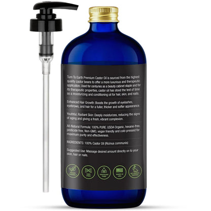 Organic Castor Oil - Cold Pressed, USDA Certified, Hexane Free, Glass Bottle, 16.9 oz with Pump for Hair Growth, Skin, Eyebrows, Lashes & Fuller Hair (Made in USA) Avelisse