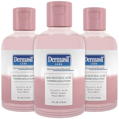 Dermasil AHA Glycolic Acid Toning Solution 3-Pack – Exfoliating Toner for Face with Rose Water, Witch Hazel, and Hyaluronic Acid, 4 Oz Each