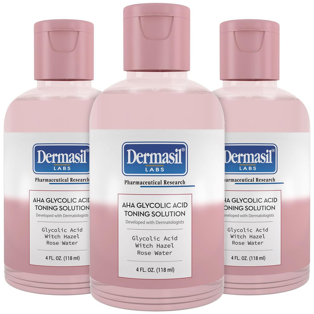 Dermasil AHA Glycolic Acid Toning Solution 3-Pack – Exfoliating Toner for Face with Rose Water, Witch Hazel, and Hyaluronic Acid, 4 Oz Each - görsel 1