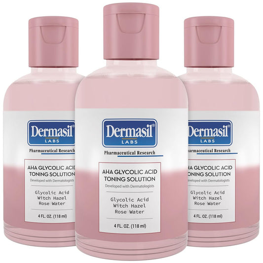 Dermasil AHA Glycolic Acid Toning Solution 3-Pack – Exfoliating Toner for Face with Rose Water, Witch Hazel, and Hyaluronic Acid, 4 Oz Each