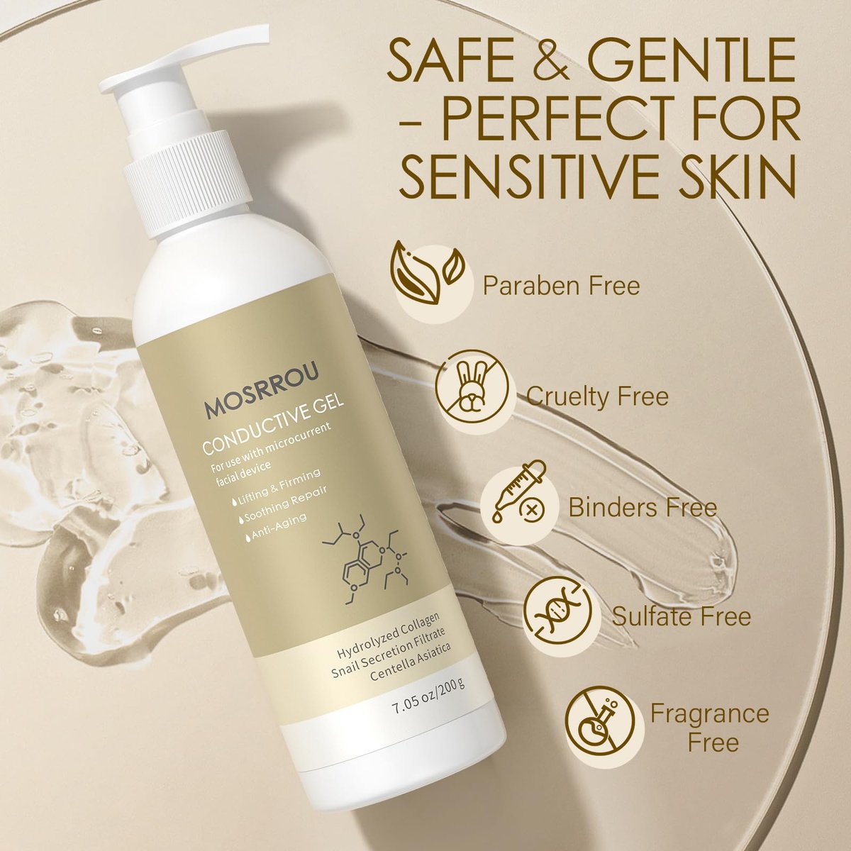 MOSRROU Microcurrent Conductive Gel - Hydrating Collagen Leave-On Primer with Hyaluronic Acid, Snail Mucin & Centella Asiatica, Fragrance-Free, Paraben-Free, 6.8 Fl Oz Avelisse