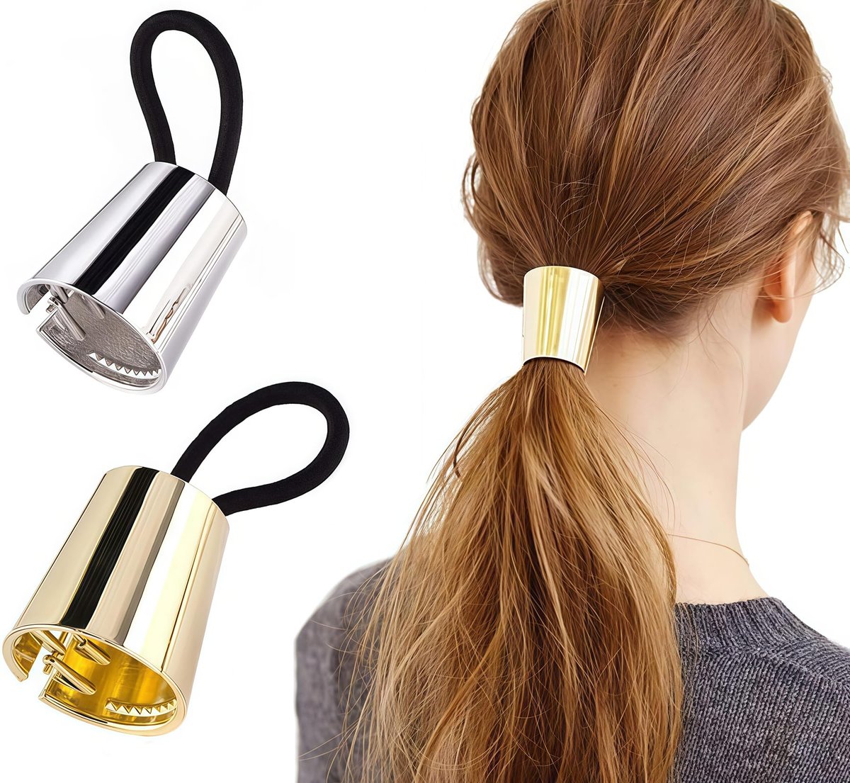 erioctry 2 Pieces Gothic Punk Metal Circle Hair Cuff Elastic Hair Band - Ponytail Holder for Women & Girls - görsel 1